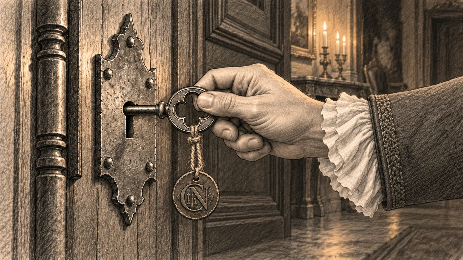 A key opens an old door in candlelight.